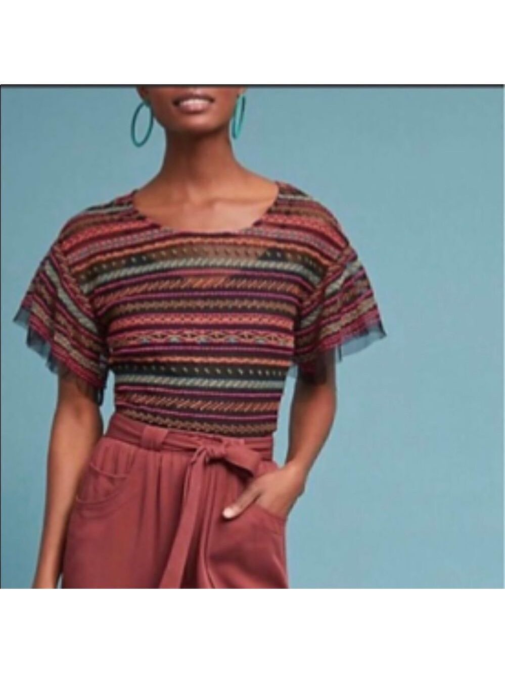 Anthropologie Maeve Naples Embroidered Flutter Sleeve Top